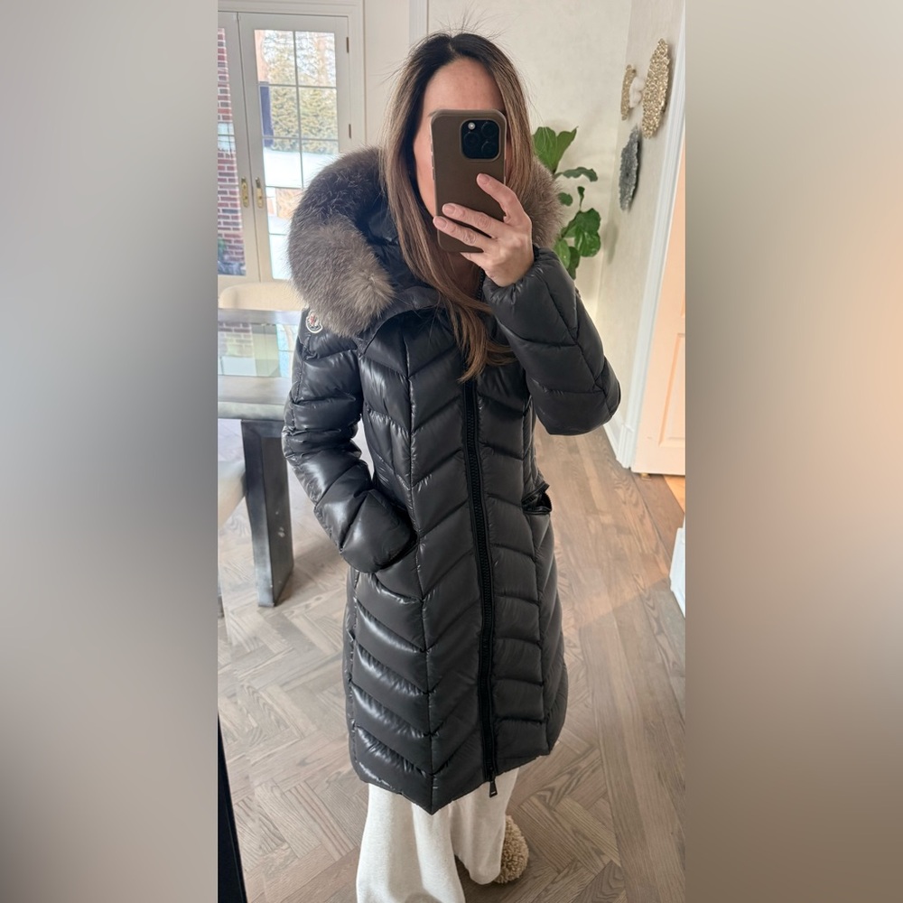 Moncler Dark Gray Puffer Jacket with Fur Trim